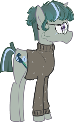 Size: 629x1033 | Tagged: safe, artist:julmu, derpibooru exclusive, oc, oc only, oc:knot whatnot, unicorn, full body, glasses, green mane, horn, pullover, round glasses, simple background, white background