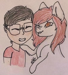 Size: 531x585 | Tagged: safe, artist:nahio.michelle7, oc, oc only, oc:anthony, oc:kira (fl), human, pegasus, pony, blushing, bust, duo, glasses, human male, male, one eye closed, portrait, smiling, touch, wink