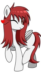 Size: 612x1074 | Tagged: safe, artist:caramelsnow, oc, oc:kira (fl), pegasus, pony, heart, looking at you, one eye closed, raised hoof, raised leg, simple background, smiling, solo, white background, wink, winking at you