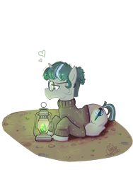 Size: 900x1200 | Tagged: safe, artist:julmu, oc, oc only, oc:knot whatnot, crystal, full body, glasses, green mane, heart, lantern, pullover, round glasses, simple background, transparent background