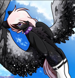 Size: 690x718 | Tagged: source needed, safe, artist:starart2006, oc, oc:onyxstar (fl), pegasus, pony, chest fluff, choker, clothes, flying, hair over one eye, signature, sky, sky background, smiling, socks, solo, spiked choker, spread wings, thigh highs, wings