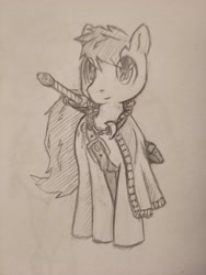 Size: 3000x4000 | Tagged: safe, artist:finnfox66, derpibooru exclusive, oc, oc only, oc:lo-fi, earth pony, belt, cape, clothes, full body, monochrome, simple background, sword, traditional art, weapon, white background