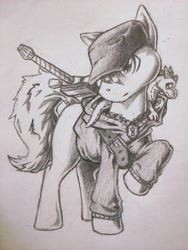 Size: 3000x4000 | Tagged: safe, artist:finnfox66, derpibooru exclusive, oc, oc only, oc:lo-fi, belt, cap, clothes, dragon plushie, hat, hoodie, jewelry, monochrome, necklace, simple background, sword, toy, weapon, white background