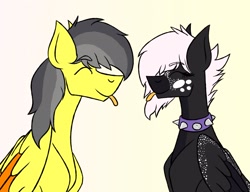 Size: 1950x1500 | Tagged: safe, oc, oc only, oc:onyxstar (fl), oc:thunder (fl), pegasus, pony, choker, duo, female, gradient background, looking at each other, looking at someone, male, mare, spiked choker, stallion, tongue out