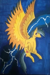 Size: 659x991 | Tagged: safe, artist:princessafiramlp, oc, oc only, oc:thunder (fl), pegasus, pony, flying, large wings, lightning, looking at you, rain, solo, traditional art, wings