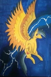 Size: 659x991 | Tagged: safe, artist:princessafiramlp, oc, oc only, oc:thunder (fl), pegasus, pony, flying, large wings, lightning, looking at you, male, rain, solo, stallion, traditional art, wings