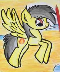 Size: 311x372 | Tagged: safe, artist:mlp_fluffy_yogurt, oc, oc:thunder (fl), pegasus, pony, cloud, flying, looking back, male, smiling, solo, spread wings, stallion, sun, sunset, traditional art, wings