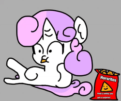 Size: 480x400 | Tagged: safe, artist:sweetsterty, sweetie belle, unicorn, g4, animated, chips, eating, food, horn, reaction gif, sideways