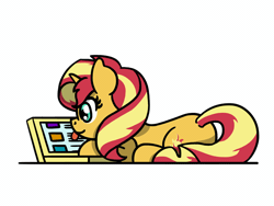 Size: 648x486 | Tagged: safe, artist:flutterluv, sunset shimmer, pony, unicorn, g4, animated, behaving like a cat, computer, cute, female, gif, hnnng, horn, laptop computer, licking, lying down, mare, ponified animal video, prone, shimmerbetes, simple background, solo, tongue out, touchscreen, white background