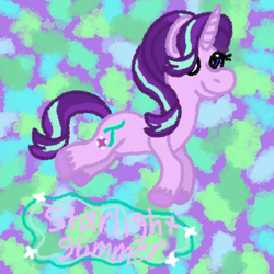 Size: 1000x1000 | Tagged: safe, artist:mintwhistle, starlight glimmer, pony, unicorn, g4, abstract background, colored hooves, female, horn, jumping, looking back, mare, medibang paint, slender, smiling, solo, sparkles, starlight glimmer day, thin, unshorn fetlocks