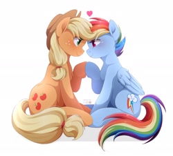 Size: 2048x1849 | Tagged: safe, artist:applesartt, applejack, rainbow dash, earth pony, pegasus, pony, g4, applejack's hat, cowboy hat, duo, duo female, eye contact, female, floating heart, folded wings, freckles, hat, heart, hoofbump, lesbian, looking at each other, looking at someone, mare, ship:appledash, shipping, simple background, sitting, smiling, smiling at each other, white background, wings