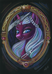 Size: 856x1200 | Tagged: safe, artist:maytee, opaline arcana, alicorn, pony, g5, bust, commission, cracks, female, looking at you, mare, mirror, portrait, smiling, smiling at you, solo, three quarter view, traditional art