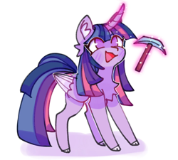 Size: 1176x1060 | Tagged: safe, artist:sillyp0ne, twilight sparkle, alicorn, pony, g4, chest fluff, cloven hooves, diamond pickaxe, female, magic, mare, minecraft, no pupils, open mouth, open smile, pickaxe, simple background, smiling, solo, telekinesis, twilight sparkle (alicorn), white background