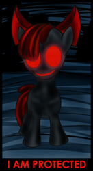 Size: 400x736 | Tagged: safe, artist:moyracat, apple bloom, earth pony, pony, undead, zombie, zombie pony, story of the blanks, g4, bad end, blanked apple bloom, creepypasta, female, filly, foal, glowing, glowing eyes, looking at you, nightmare fuel, protected apple bloom, red eyes, smiling, solo, soulless