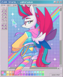 Size: 1589x1944 | Tagged: safe, artist:wavecipher, zipp storm, pegasus, pony, g5, adversarial noise, belt, blue eyes, clothes, color palette, colored hooves, colored wings, colored wingtips, denim, denim shorts, female, flying, glasses, grid, hoodie, jacket, lidded eyes, long sleeves, long socks, looking back, mare, mohawk, mouse cursor, multicolored wings, pink mane, pink tail, profile, round glasses, shiny hooves, shorts, signature, smiling, socks, solo, sparkles, spread wings, striped socks, tail, thick eyelashes, two toned mane, two toned tail, underhoof, vaporwave, webcore, white coat, wingding eyes, wings