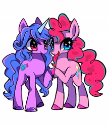 Size: 1750x2048 | Tagged: safe, artist:stacy_165cut, izzy moonbow, pinkie pie, earth pony, pony, unicorn, g4, g5, big eyes, blue eyes, blue mane, blue tail, colored hooves, colored horn, curly mane, curly tail, duo, duo female, female, horn, izzy and her heroine, long legs, long mane, long tail, looking back, mare, open mouth, open smile, pink coat, pink eyes, pink mane, pink tail, purple coat, simple background, smiling, sparkly eyes, standing, starry eyes, tail, touching hooves, unicorn horn, unshorn fetlocks, white background, wingding eyes