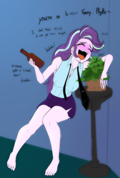 Size: 2100x3120 | Tagged: safe, artist:pshyzomancer, color edit, edit, phyllis, starlight glimmer, human, equestria girls, g4, barefoot, blushing, bottle, cargo ship, clothes, colored, dialogue, drunk, feet, female, flirting, go home you're drunk, missing shoes, necktie, open mouth, phylliglimmer, potted plant, shipping, skirt, solo, table, text, volumetric mouth