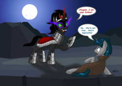 Size: 1600x1134 | Tagged: safe, artist:aleximusprime, king sombra, stygian, pony, unicorn, g4, commission, duo, headcanon, horn, i am your father, looking at each other, looking at someone, male, moon, night, open mouth, raised hoof, smiling, sombra eyes, speech bubble, stallion, star wars, star wars: the empire strikes back, text