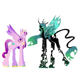 Size: 2048x2048 | Tagged: artist needed, source needed, safe, princess cadance, queen chrysalis, changeling, pony, a canterlot wedding, g4, black coat, female, green eyes, lesbian, lineless, long legs, pink coat, princess, shipping, simple background, white background