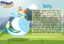 Size: 3014x2102 | Tagged: safe, artist:aleximusprime, oc, oc only, oc:daisy the dragon, dragon, eastern dragon, fanfic:my little sister is a dragon, antlers, biography, chubby, curly hair, cute, dragoness, fat, female, one eye closed, plump, poofy mane, story included, wink