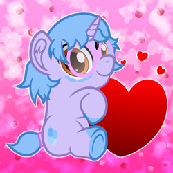 Size: 1250x1250 | Tagged: safe, artist:spellboundcanvas, oc, oc only, oc:boa blueberries, unicorn, commission, cute, glasses, heart, holiday, horn, hug, smol, solo, valentine's day, ych result