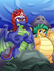 Size: 2276x3000 | Tagged: safe, artist:aleximusprime, his elevated eminence, oc, oc only, oc:pebble the dragon, oc:rubble the dragon, oc:smite the dragon, fanfic:my little sister is a dragon, g1, chubby, crest, crown, family photo, fat, jewelry, king, mountain, plump, queen, regalia, rock, royalty, spike's family, spike's father, spike's grandfather, spike's grandmother