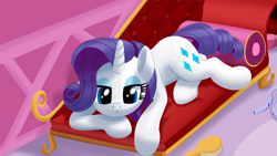 Size: 3840x2160 | Tagged: safe, artist:stellardust, rarity, pony, unicorn, g4, :<, comb, couch, fainting couch, female, horn, lidded eyes, looking at you, lying down, mare, solo