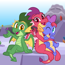 Size: 3133x3097 | Tagged: safe, artist:aleximusprime, his elevated eminence, oc, oc only, dragon, fanfic:my little sister is a dragon, flurry heart's story, g1, baby, baby dragon, big sister, brothers, cute, dragoness, family photo, female, happy, hug, hug from behind, little brother, male, mountain, nordo dracos, northern drake, ocbetes, one eye closed, open mouth, open smile, siblings, sister, sitting, smiling, spike's brother, spike's family, spike's sister, teenaged dragon, teenager, wingless, wings, wink