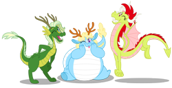 Size: 5000x2557 | Tagged: safe, artist:aleximusprime, oc, oc only, oc:amaryllis the dragon, oc:daisy the dragon, oc:hosta the dragon, dragon, eastern dragon, hybrid, fanfic:my little sister is a dragon, antlers, chubby, curvy, cute, dragon oc, dragon wings, dragoness, fat, female, floppy ears, flower dragons, hands on cheeks, happy, horns, long dragon, non-pony oc, northern drake, one eye closed, plump, siblings, simple background, sisters, sitting, southern drake, thighs, thin, thunder thighs, tongue out, transparent background, wings, wink