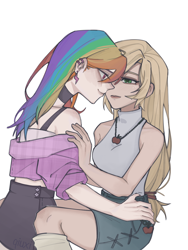 Size: 1536x2048 | Tagged: safe, artist:xuemiaoxiaoxiannu, applejack, rainbow dash, human, g4, bare shoulders, duo, duo female, ear piercing, earring, female, humanized, jewelry, lesbian, looking at each other, looking at someone, necklace, piercing, ship:appledash, shipping, simple background, smiling, white background
