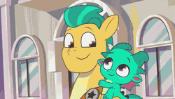 Size: 1280x720 | Tagged: safe, screencap, hitch trailblazer, sparky sparkeroni, dragon, earth pony, pony, cracked it, g5, my little pony: tell your tale, spoiler:g5, spoiler:my little pony: tell your tale, spoiler:tyts02e09, absurd file size, absurd gif size, animated, baby, baby dragon, blanket, dragons riding ponies, duo, duo male, earth pony magic, egg, father and child, father and son, gif, magic, male, maretime bay, papa hitch, plant, riding, sparky riding hitch trailblazer, stallion