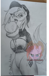 Size: 1800x2800 | Tagged: safe, artist:chakiz zukulenz, oc, oc only, oc:chakiz zukulenz, unicorn, clothes, drawing, food, glasses, hat, horn, ice cream, ice cream cone, licking, pencil drawing, photo, solo, sweater, tongue out, traditional art
