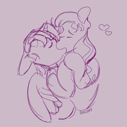Size: 1000x1000 | Tagged: safe, artist:shiiiny, sunny starscout, twilight sparkle, alicorn, earth pony, pony, g4, g5, eyebrows, eyes closed, female, heart, kissing, lesbian, making out, monochrome, ship:twiscout, shipping, sketch, sunny and her heroine