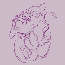 Size: 1000x1000 | Tagged: safe, artist:shiiiny, sunny starscout, twilight sparkle, alicorn, earth pony, pony, g4, g5, cross-generational shipping, eyebrows, eyes closed, female, heart, kissing, lesbian, making out, monochrome, ship:twiscout, shipping, sketch, sunny and her heroine