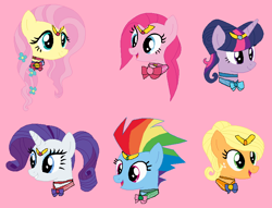 Size: 820x625 | Tagged: safe, artist:tktrnc, applejack, fluttershy, pinkie pie, rainbow dash, rarity, twilight sparkle, g4, bust, female, mane six, pink background, sailor moon, sailor moon (series), simple background