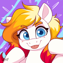 Size: 2704x2704 | Tagged: safe, artist:rivin177, oc, pony, blue eyes, blushing, colored, emanata, eyebrows, eyebrows visible through hair, flat colors, floppy ears, looking at you, multicolored hair, patreon, patreon reward, raised hoof, simple background, smiling, tongue out