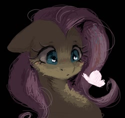 Size: 920x870 | Tagged: safe, artist:melodylibris, fluttershy, butterfly, pony, g4, black background, bust, cheek fluff, chest fluff, dark, female, frown, long eyelashes, looking at something, looking down, mare, messy mane, messy tail, pink mane, pink tail, reflection, simple background, solo, tail, teal eyes, wingding eyes