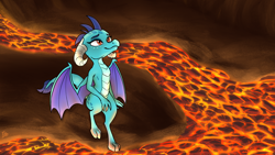 Size: 3840x2160 | Tagged: safe, artist:potes, princess ember, dragon, g4, dragon lands, dragoness, female, lava, looking up, sitting, smiling, solo