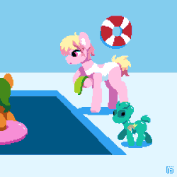 Size: 400x400 | Tagged: safe, artist:vohd, oc, oc only, oc:darklight, earth pony, goo, goo pony, original species, pony, unicorn, animated, clothes, falling, gif, glasses, growth, horn, inflation, jumping, life preserver, pixel art, ramp, swimming, swimming pool, swimsuit, walking, water, water inflation