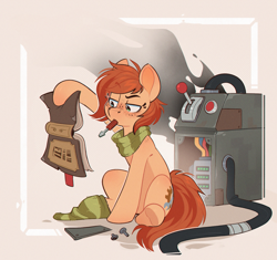 Size: 1812x1702 | Tagged: safe, artist:rexyseven, oc, oc only, oc:rusty gears, earth pony, pony, book, clothes, female, machine, mare, mouth hold, scarf, screwdriver, smoke, sock, socks, solo, striped scarf, striped socks