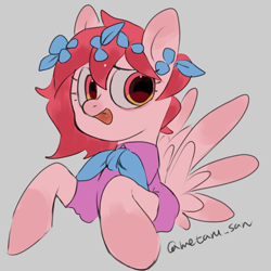 Size: 4096x4096 | Tagged: safe, artist:metaruscarlet, oc, oc only, oc:metaru scarlet, pegasus, pony, clothes, flower, flower in hair, gray background, leaves, leaves in hair, pegasus oc, ponysona, simple background, solo, spread wings, tongue out, wings