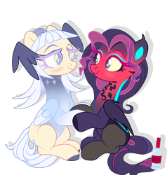 Size: 4000x4200 | Tagged: safe, artist:c1trine, artist:chip16, oc, oc only, oc:mistress lucy fur, oc:saint gloria, angel, angel pony, bat pony, demon, demon pony, devil, original species, pegasus, pony, bat pony oc, blushing, clothes, commission, duo, duo female, eyeshadow, female, hug, lesbian, looking at each other, looking at someone, makeup, mare, markings, oc x oc, shipping, simple background, sitting, socks, stockings, tattoo, thigh highs, transparent background, watermark, wing ears, wings, ych result