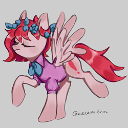 Size: 4096x4096 | Tagged: safe, artist:metaruscarlet, oc, oc only, oc:metaru scarlet, pegasus, pony, clothes, eyes closed, flower, flower in hair, gray background, leaves, leaves in hair, pegasus oc, ponysona, simple background, solo, spread wings, wings