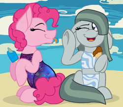 Size: 955x837 | Tagged: safe, artist:rydersimmer, marble pie, pinkie pie, earth pony, pony, g4, beach, clothes, cloud, cute, diapinkes, female, floppy ears, food, happy, ice cream, marblebetes, one eye closed, pie sisters, pie twins, popsicle, siblings, sisters, swimsuit, tongue out, twins, underhoof