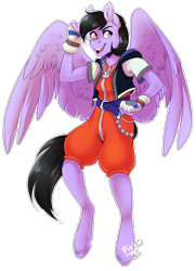 Size: 1481x2041 | Tagged: safe, artist:wallvie, oc, oc only, oc:quilly inks, pegasus, anthro, unguligrade anthro, clothes, cosplay, costume, female, fingerless gloves, gloves, jacket, kingdom hearts, simple background, solo, transparent background