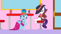 Size: 924x512 | Tagged: safe, artist:captainponyboy1999, rainbow dash, rarity, pegasus, unicorn, g4, alternate hairstyle, clothes, detective rarity, diner, dress, duo, eyeshadow, fedora, female, hat, horn, makeup, megaradash, trenchcoat