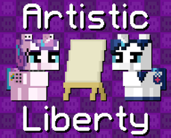 Size: 1152x924 | Tagged: safe, artist:silk-rose, princess flurry heart, shining armor, alicorn, pony, unicorn, g4, cover, cover art, drop shadow, easel, female, filly, foal, goth, horn, love and tolerance resource pack, male, minecraft, pixel art, stallion, text, tiled background