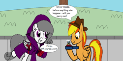 Size: 926x464 | Tagged: safe, artist:captainponyboy1999, oc, oc only, oc:firey ratchet, oc:oliver spade, pegasus, g4, clothes, dialogue, fedora, female, happy, hat, jewelry, male, mare, marriage proposal, ring, smiling, stallion, trenchcoat