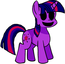 Size: 790x769 | Tagged: safe, artist:rainbrony, editor:princess-paige-place-of-fun, twilight sparkle, pony, unicorn, g4, black sclera, creepypasta, female, friday night funkin', horn, mare, simple background, smiling, transparent background, unicorn twilight, zalgo