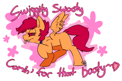 Size: 1050x700 | Tagged: safe, artist:serendipity-kitty, scootaloo, pegasus, pony, g4, collar, dialogue, fangs, heart, lesboloo, lidded eyes, purple sclera, solo, swiggity swooty, tongue out